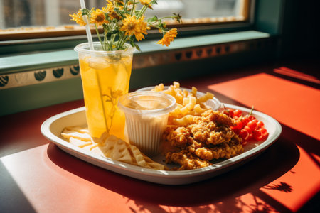 a tray of food on a table next to a windowの素材