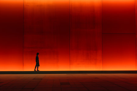 a silhouette of a person standing in front of an orange wallの素材