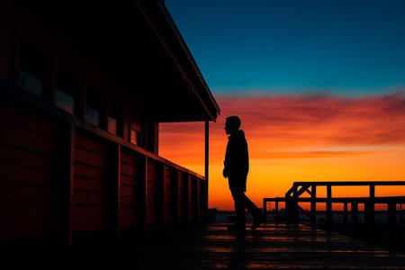 a silhouette of a person walking on a dock at sunsetの素材