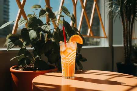 a table with a drink and an orange slice on itの素材