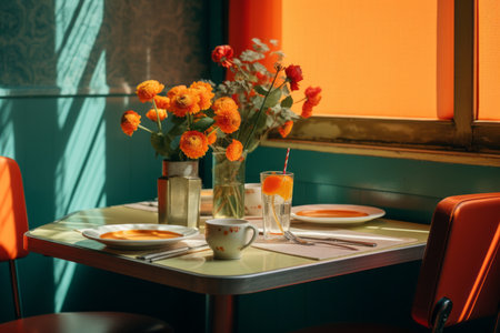 a table with a vase of flowers and a plate of foodの素材