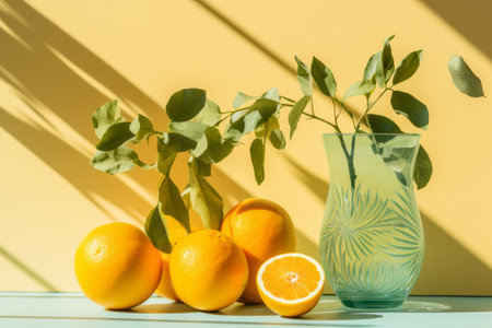 a vase with oranges and leaves on a tableの素材