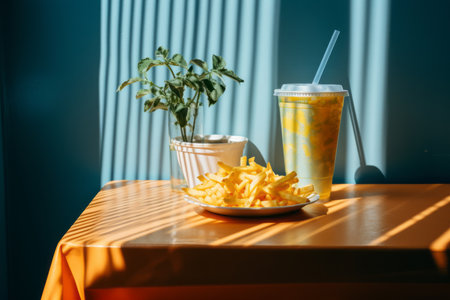 a table with a drink and chips on itの素材