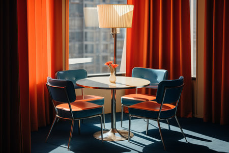 a table and chairs in front of a windowの素材
