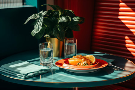 a table with a plate of food and a glass of waterの素材