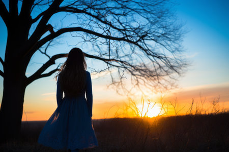 a woman in a blue dress standing in front of a tree at sunsetの素材