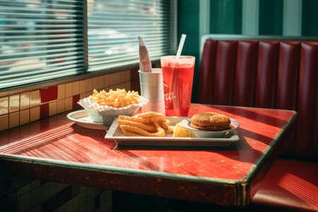 a table with a drink and food on itの素材