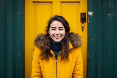 a smiling woman in a yellow coat standing in front of a green doorの素材