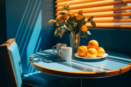 a table with a vase of oranges and a cup of coffeeの素材