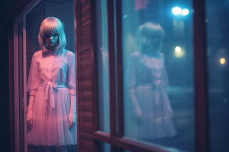 a woman in a dress standing in front of a windowの素材