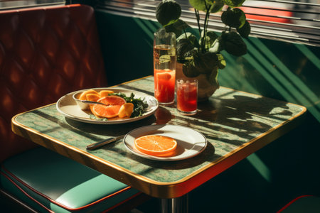 a table with two plates of food and a glass of orange juiceの素材