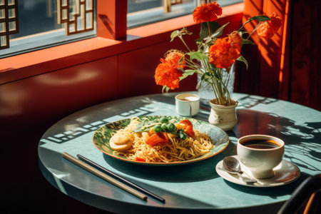 a table with a plate of food and a cup of coffeeの素材