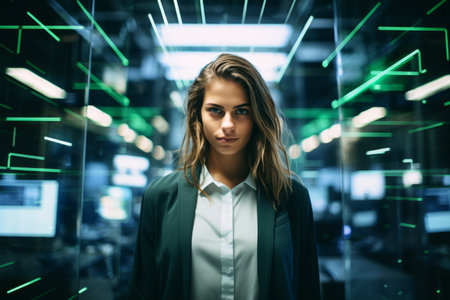 a woman in a business suit standing in front of a computer screenの素材