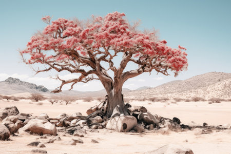 a tree in the desert with pink flowersの素材