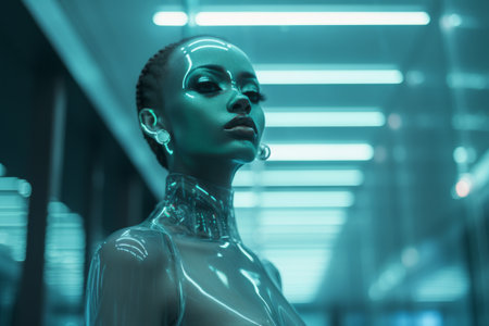 a woman in a futuristic body suit standing in a hallwayの素材