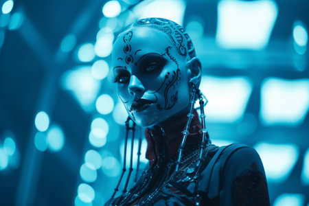 a woman in a futuristic costume with blue lightsの素材
