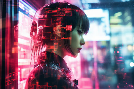 a woman in a futuristic city with neon lightsの素材