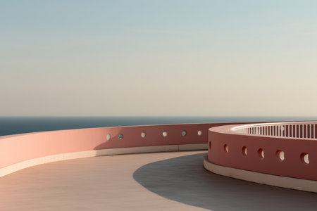 a view of the ocean from the top of a pink buildingの素材