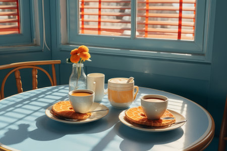 a table with two cups of coffee and waffles on itの素材