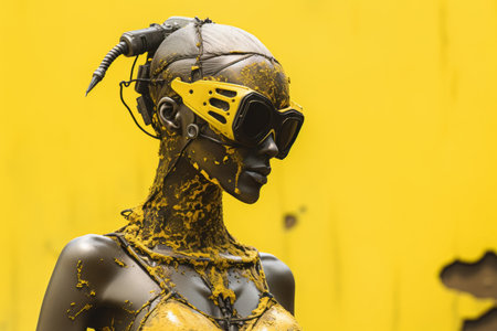 a statue of a woman wearing a yellow dress and gogglesの素材