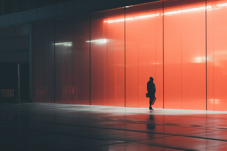 a silhouette of a person standing in front of a red lightの素材