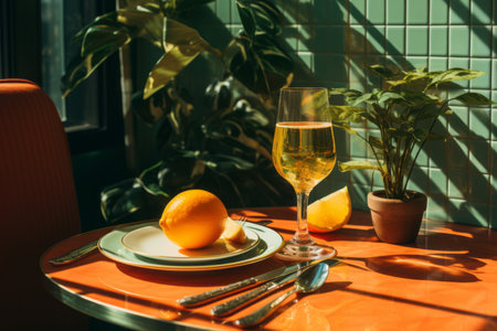 a table with a glass of wine and an orange on itの素材