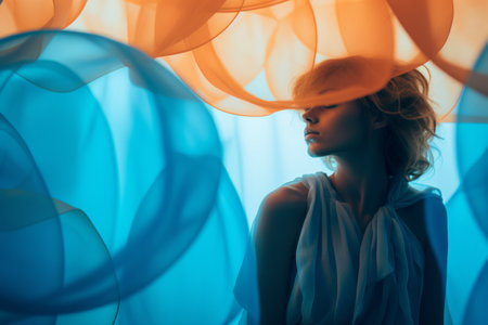 a woman in a blue dress is surrounded by orange and blue balloonsの素材