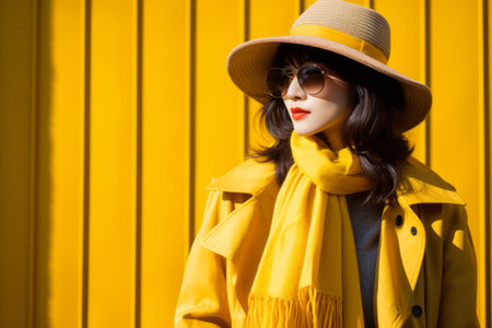 a woman in a hat and sunglasses wearing a yellow coat and scarfの素材