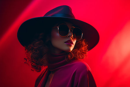 a woman in a hat and sunglasses on a red backgroundの素材