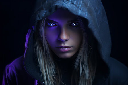 a woman in a hoodie with blue eyesの素材