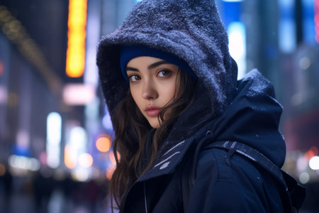 a woman in a hooded jacket standing in the middle of a city at nightの素材