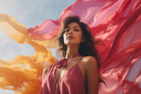 a woman in a pink dress is standing in front of a colorful fabricの素材