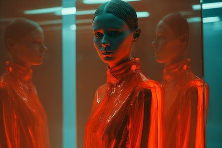 a woman in a red dress is reflected in a mirrorの素材