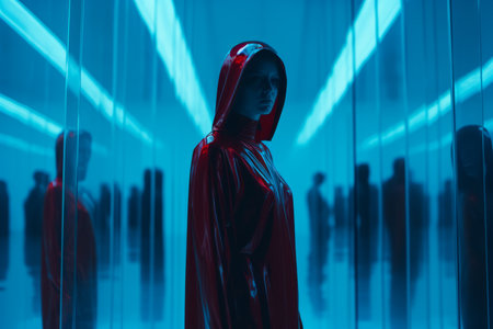 a woman in a red hoodie standing in front of blue lightsの素材