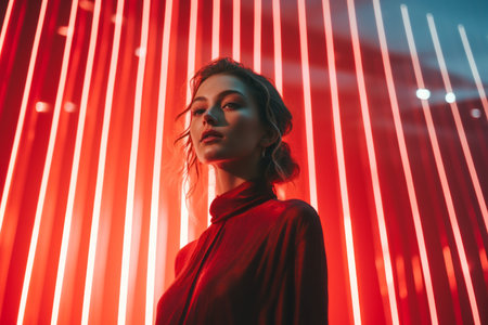 a woman in a red dress standing in front of neon lightsの素材