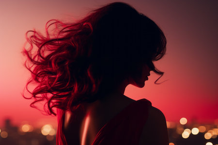 a woman in a red dress with her hair blowing in the windの素材