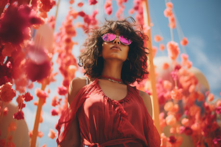 a woman in a red dress and pink sunglasses stands in front of flowersの素材