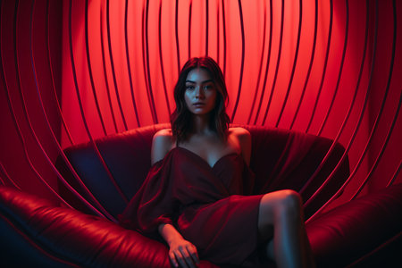 a woman in a red dress sitting on a chair in front of a red lightの素材