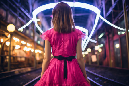 a woman in a pink dress standing on a train trackの素材