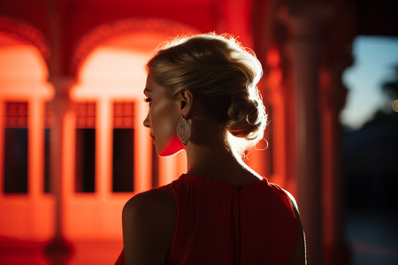 a woman in a red dress stands in front of a red lightの素材