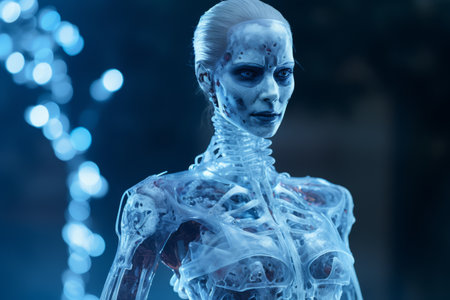 a woman in a skeleton costume standing in front of lightsの素材