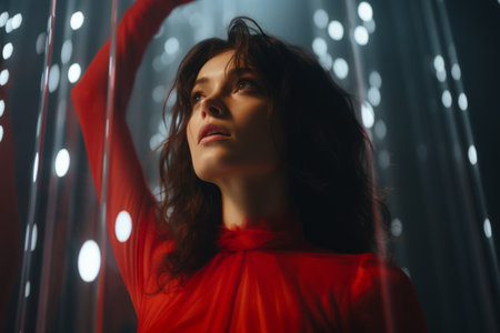a woman in a red dress standing in front of some lightsの素材