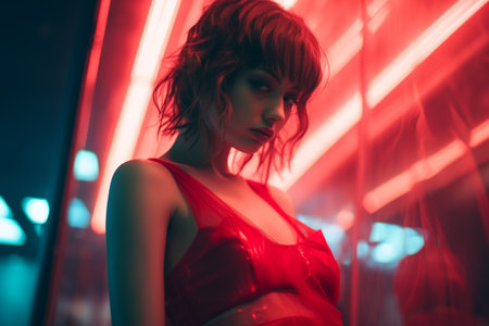 a woman in a red dress standing in front of neon lightsの素材