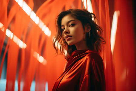 a woman in a red dress standing in front of red curtainsの素材