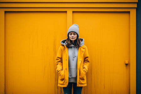a woman in a yellow coat standing in front of a yellow doorの素材