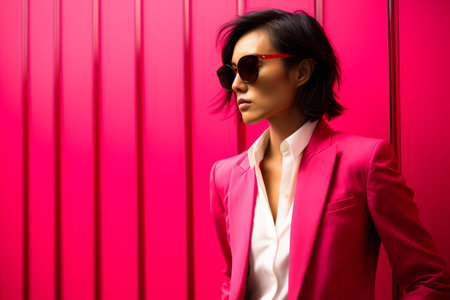 a woman in a pink suit and sunglasses against a red wallの素材
