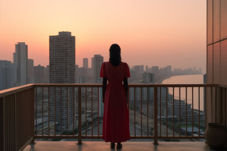 a woman in a red dress stands on a balcony overlooking the cityの素材