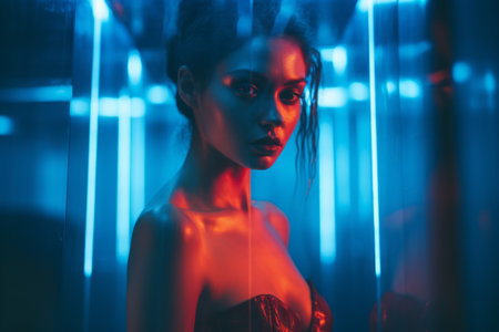 a woman in a red dress standing in front of a blue lightの素材