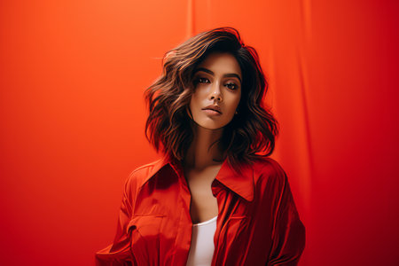 a woman in a red shirt posing against a red backgroundの素材
