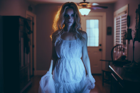 a woman in a white dress standing in a hallwayの素材